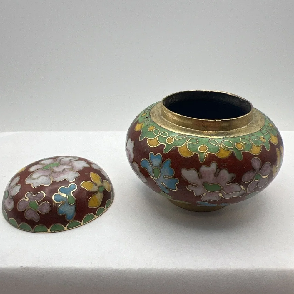 Vtg Small Chinese Floral Cloisonné Enamel Jar With Lid Exc Cond Trinket Bowl